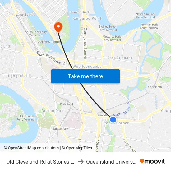 Old Cleveland Rd at Stones Corner Library, Stop 17 to Queensland University Of Technology map