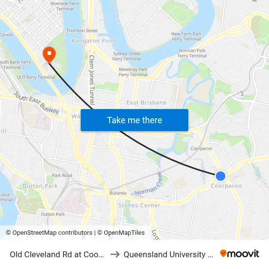 Old Cleveland Rd at Coorparoo Stop 23 to Queensland University Of Technology map
