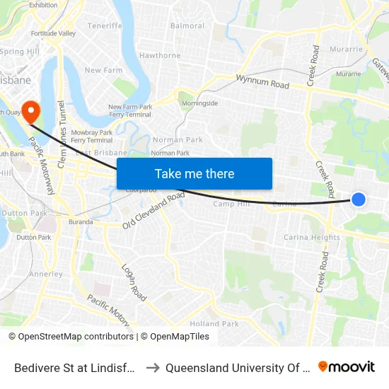 Bedivere St at Lindisfarne Street to Queensland University Of Technology map