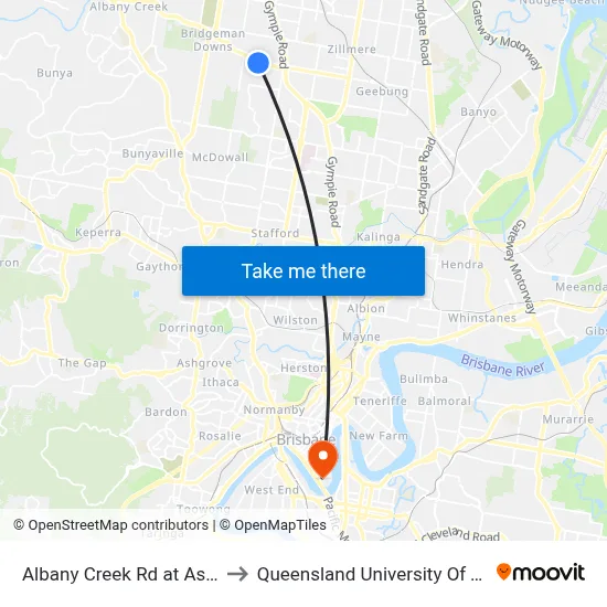 Albany Creek Rd at Aspley Bowl to Queensland University Of Technology map