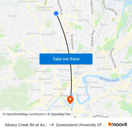 Albany Creek Rd at Aspley Bowl to Queensland University Of Technology map