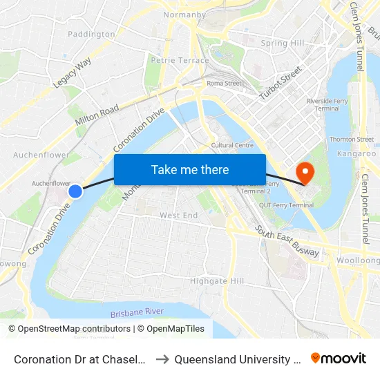 Coronation Dr at Chasely Street, Stop 8 to Queensland University Of Technology map