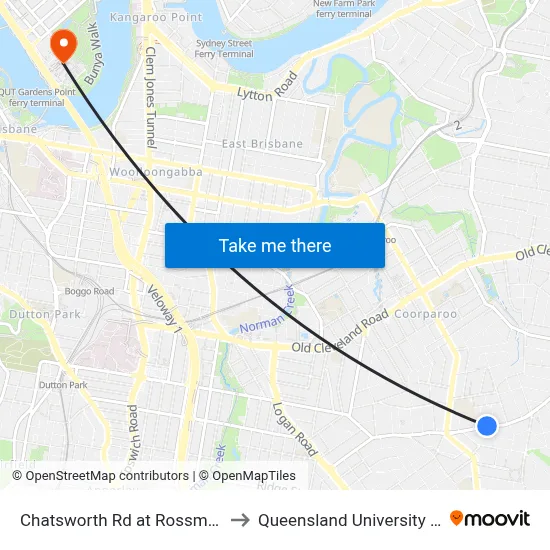 Chatsworth Rd at Rossmore Ave, Stop 32 to Queensland University Of Technology map