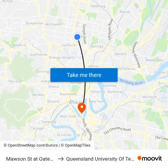 Mawson St at Oates Street to Queensland University Of Technology map