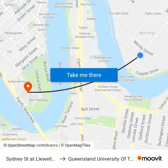 Sydney St at Llewellyn Street to Queensland University Of Technology map