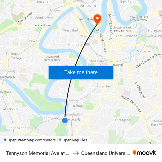 Tennyson Memorial Ave at Brisbane Golf, Stop 36 to Queensland University Of Technology map