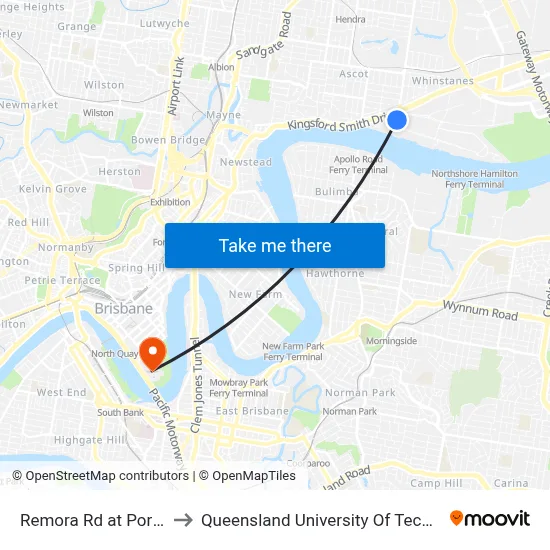 Remora Rd at Portside to Queensland University Of Technology map