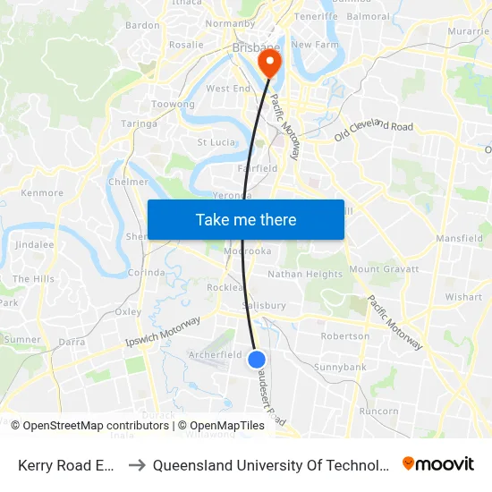 Kerry Road East to Queensland University Of Technology map