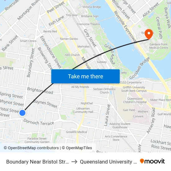 Boundary Near Bristol Street Hail 'N' Ride to Queensland University Of Technology map