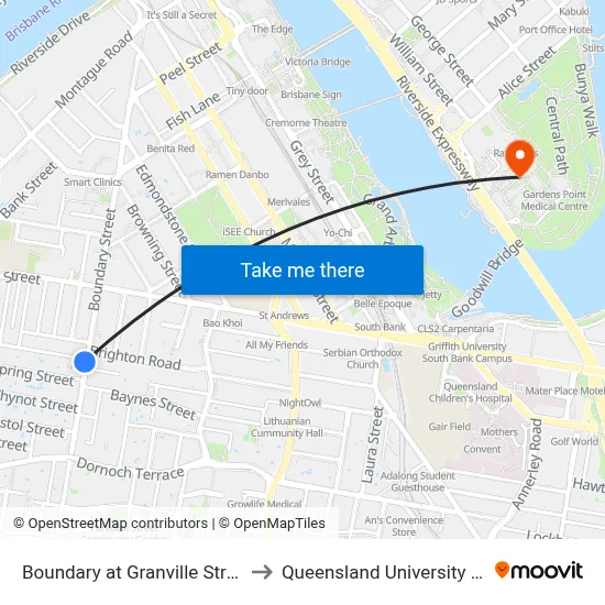 Boundary at Granville Street Hail 'N' Ride to Queensland University Of Technology map