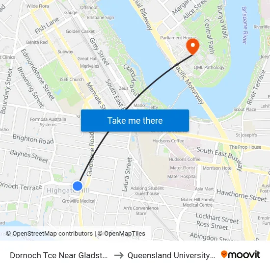 Dornoch Tce Near Gladstone Rd, Stop 21a to Queensland University Of Technology map
