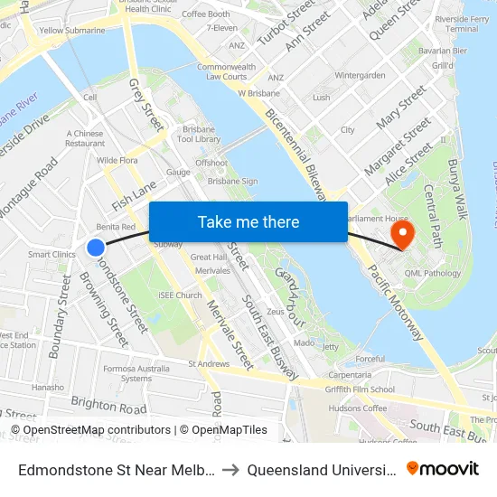 Edmondstone St Near Melbourne St Hail 'N' Ride to Queensland University Of Technology map