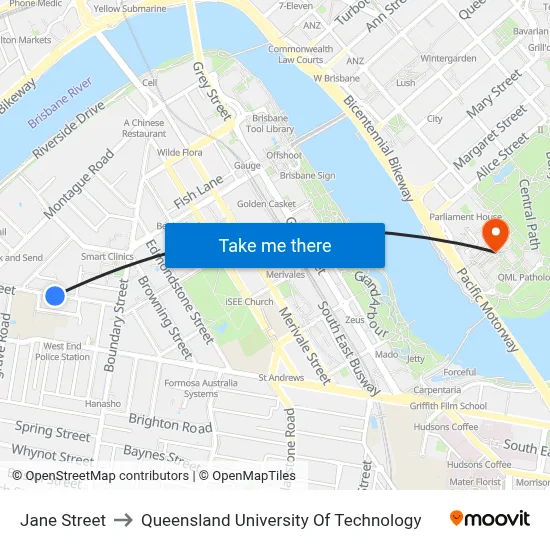 Jane Street to Queensland University Of Technology map