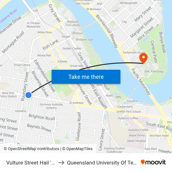 Vulture Street Hail 'N' Ride to Queensland University Of Technology map