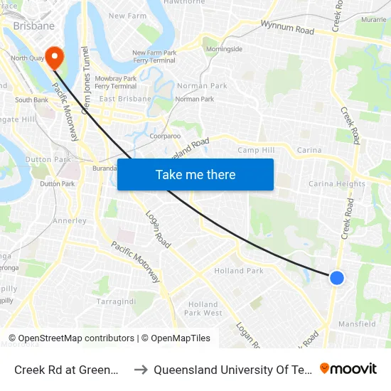 Creek Rd at Greenmeadow to Queensland University Of Technology map