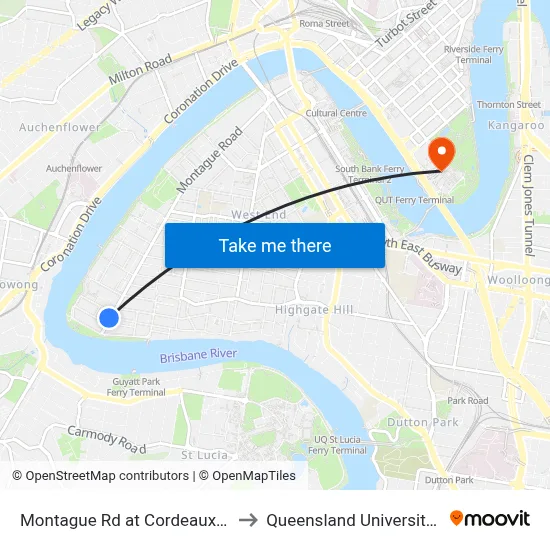 Montague Rd at Cordeaux Street, Stop 30/14 to Queensland University Of Technology map