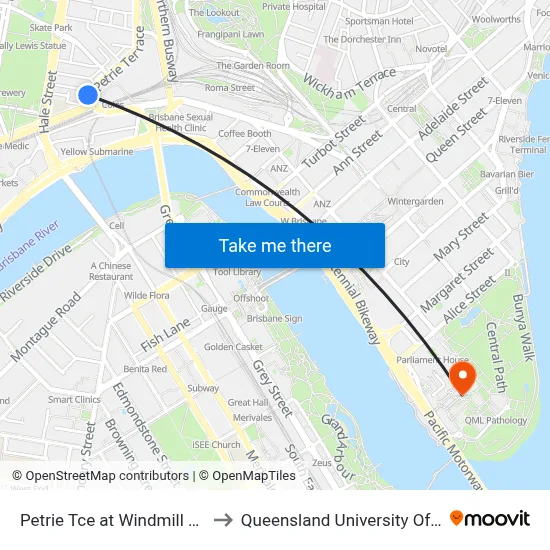 Petrie Tce at Windmill Cafe, Stop 3 to Queensland University Of Technology map