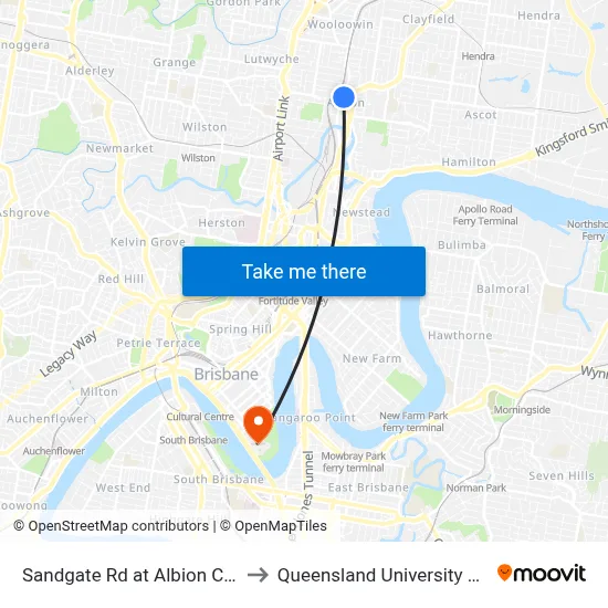 Sandgate Rd at Albion Central Stop 19 to Queensland University Of Technology map