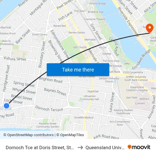 Dornoch Tce at Doris Street, Stop 17 - Temp Closure From 13 July to Queensland University Of Technology map