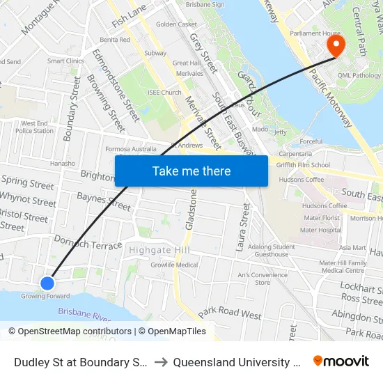 Dudley St at Boundary Street, Stop 24 to Queensland University Of Technology map