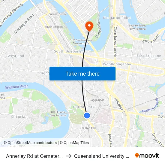 Annerley Rd at Cemetery, Stop 18/12 to Queensland University Of Technology map