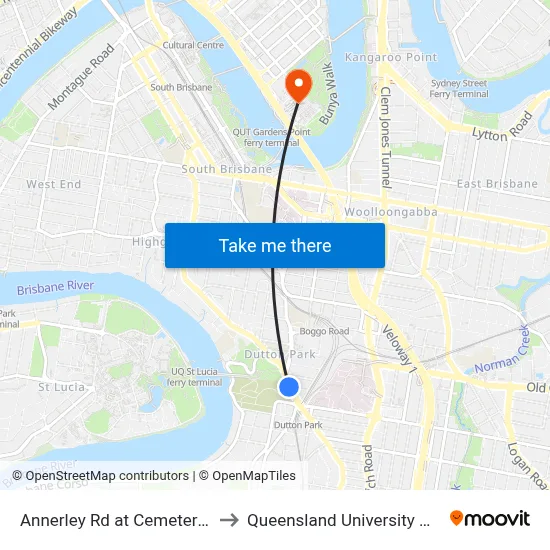 Annerley Rd at Cemetery, Stop 13/18 to Queensland University Of Technology map