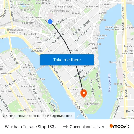 Wickham Terrace Stop 133 at Brisbane Private Hospital to Queensland University Of Technology map