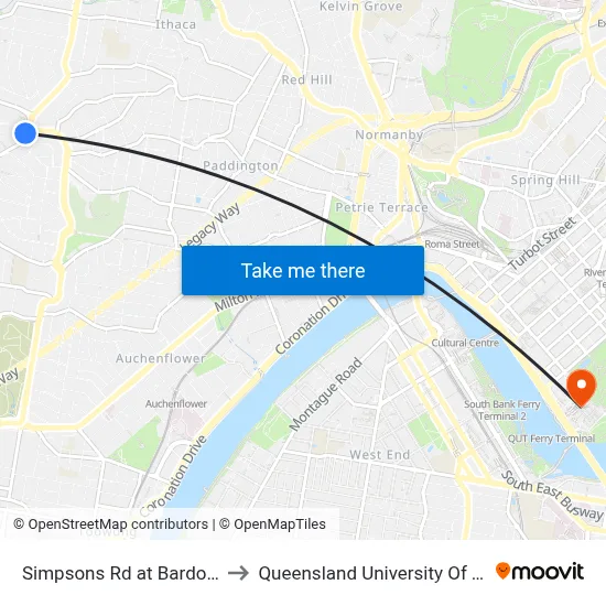 Simpsons Rd at Bardon, Stop 16 to Queensland University Of Technology map