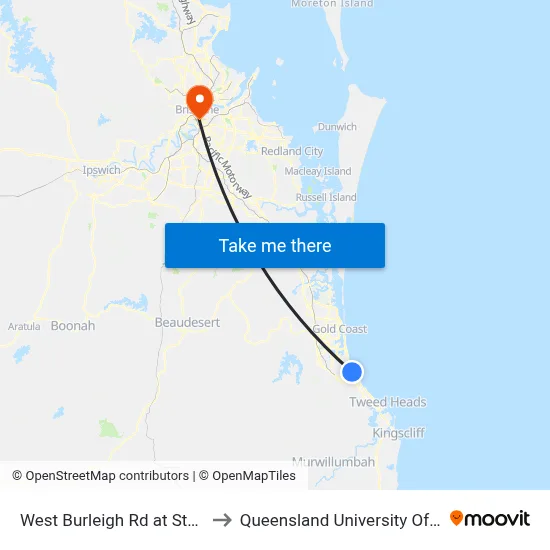 West Burleigh Rd at Stanley Street to Queensland University Of Technology map