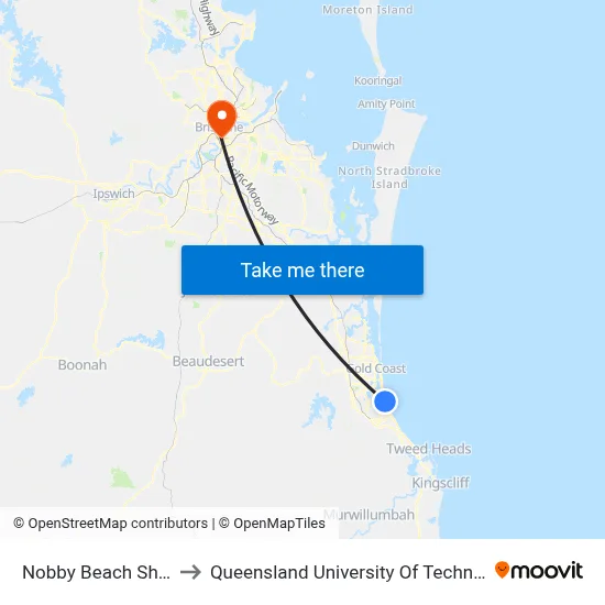 Nobby Beach Shops to Queensland University Of Technology map