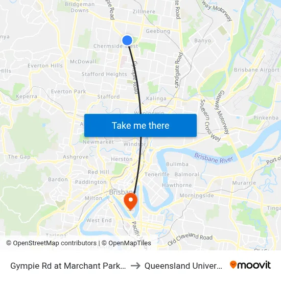 Gympie Rd at Marchant Park, Stop 40 (Temp Closure) to Queensland University Of Technology map