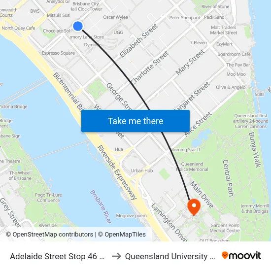 Adelaide Street Stop 46 Near George St to Queensland University Of Technology map