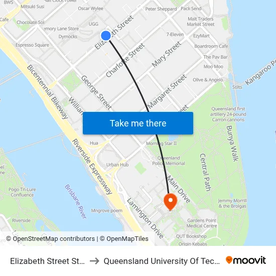 Elizabeth Street Stop 82 to Queensland University Of Technology map