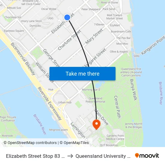 Elizabeth Street Stop 83 Near Albert St to Queensland University Of Technology map