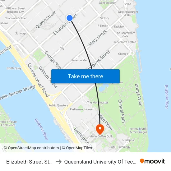 Elizabeth Street Stop 85 to Queensland University Of Technology map