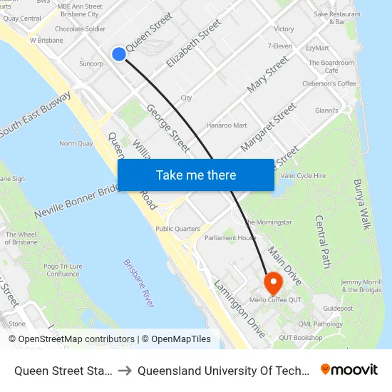 Queen Street Station to Queensland University Of Technology map