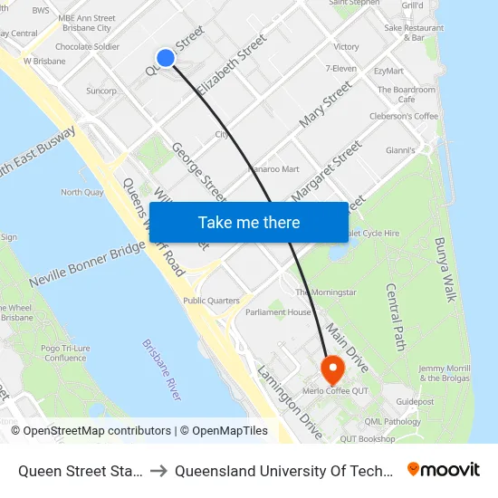 Queen Street Station to Queensland University Of Technology map