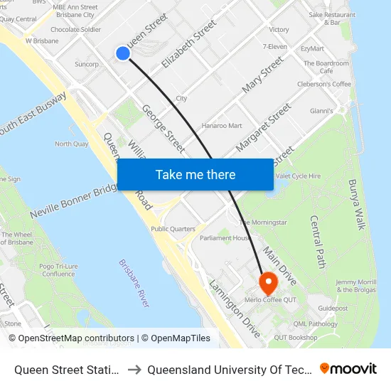 Queen Street Station, 1b to Queensland University Of Technology map