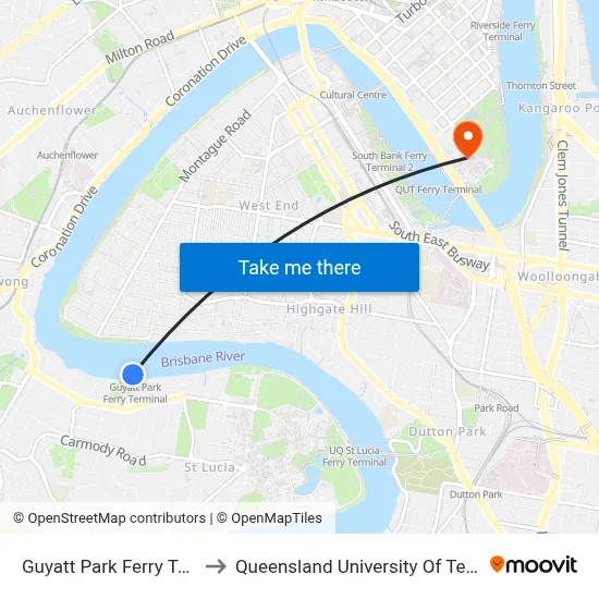 Guyatt Park Ferry Terminal to Queensland University Of Technology map