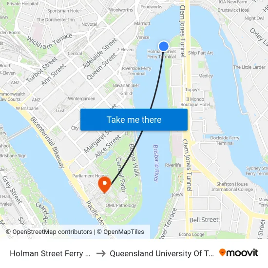 Holman Street Ferry Terminal to Queensland University Of Technology map