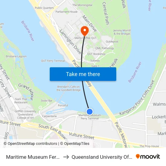 Maritime Museum Ferry Terminal to Queensland University Of Technology map