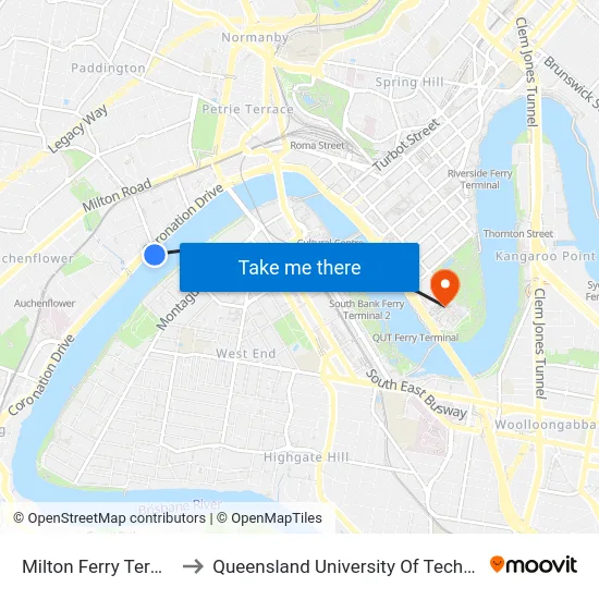 Milton Ferry Terminal to Queensland University Of Technology map