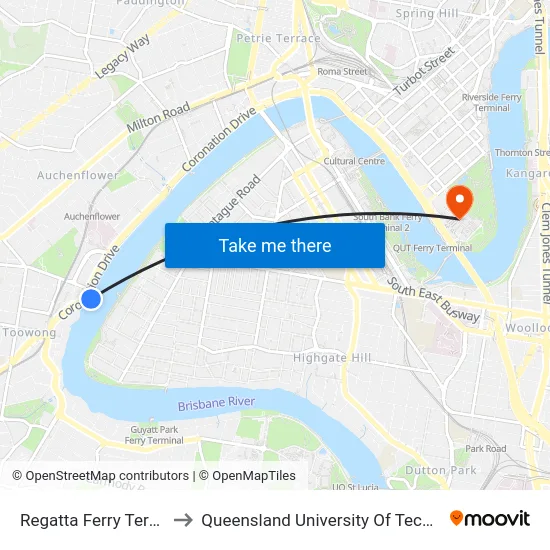 Regatta Ferry Terminal to Queensland University Of Technology map