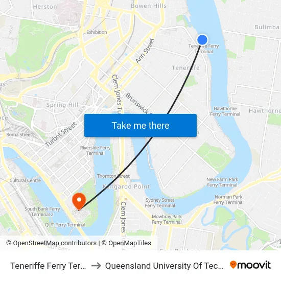 Teneriffe Ferry Terminal to Queensland University Of Technology map