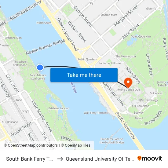 South Bank Ferry Terminal to Queensland University Of Technology map