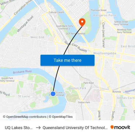 UQ Lakes Stop F to Queensland University Of Technology map