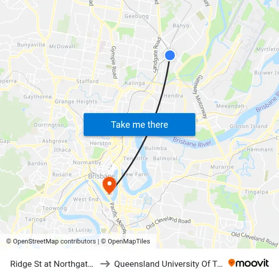 Ridge St at Northgate Station to Queensland University Of Technology map