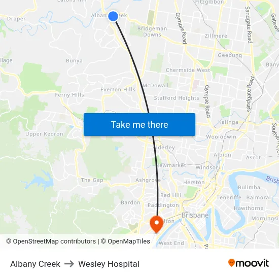 Albany Creek to Wesley Hospital map