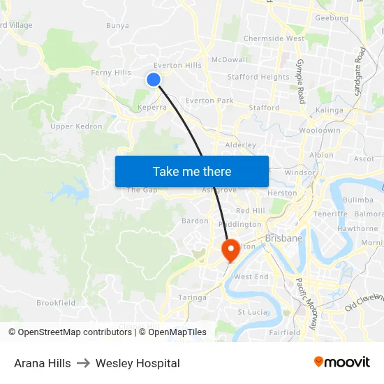 Arana Hills to Wesley Hospital map