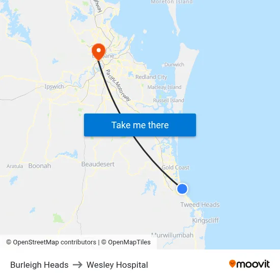 Burleigh Heads to Wesley Hospital map